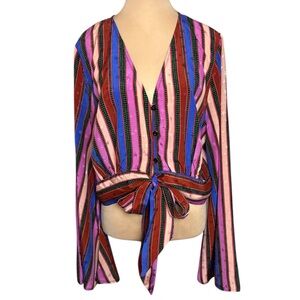 Topshop Stars and Striped Tie Front Crop Blouse Multicolor Rainbow Size 14 Y2K